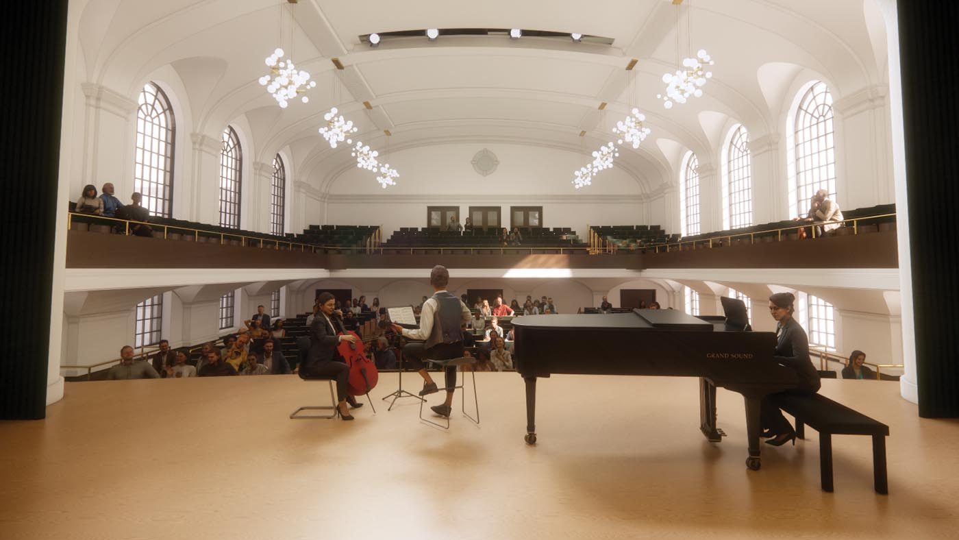 Architectural rendering from the stage of Convocation Hall, showing musicians performing before audiences seated on the main floor and balconies.